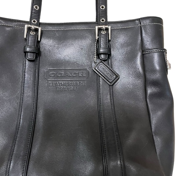 VINTAGE COACH Hamptons Black Leather Tote  Shoulder Bag #8E92 🖤 - Picture 4 of 9